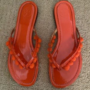Tory Burch orange Pom Pom sandals
